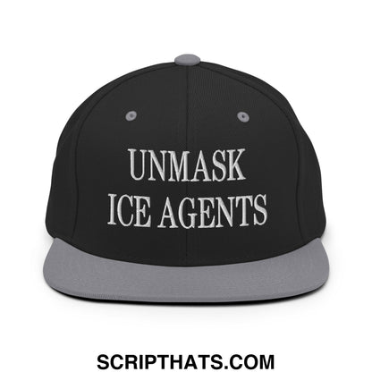 Black snapback cap with gray brim and embroidered white text unmask ice agents flat bill brim design