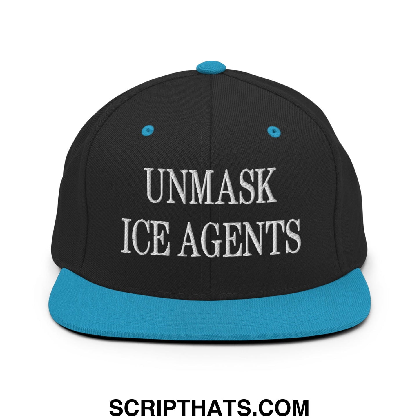 Black snapback cap with teal brim and button featuring white embroidered unmask ice agents text flat bill design