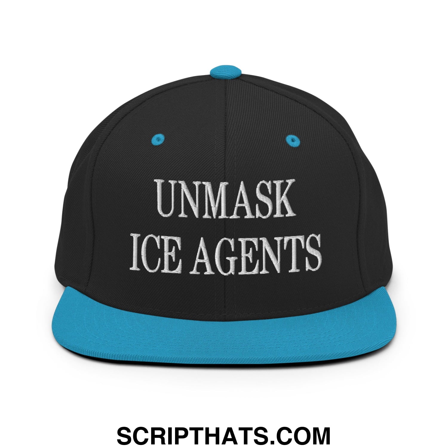 Black snapback cap with teal brim and button featuring white embroidered unmask ice agents text flat bill design
