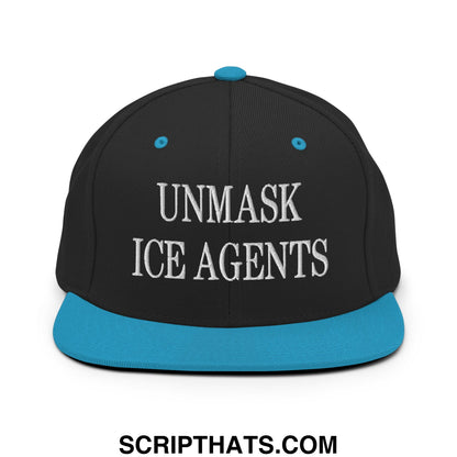 Black snapback cap with teal brim and button featuring white embroidered unmask ice agents text flat bill design