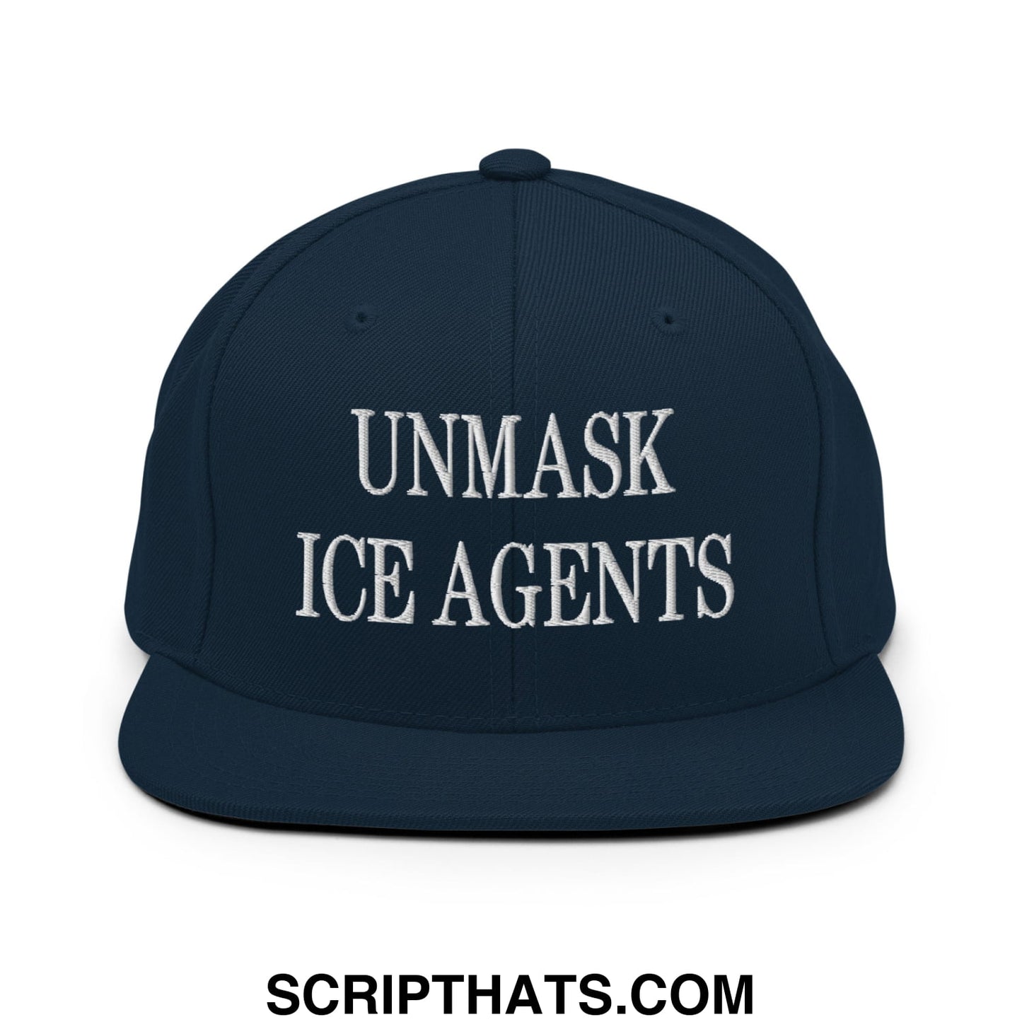 Navy blue snapback cap with white embroidered unmask ice agents text and flat bill brim design