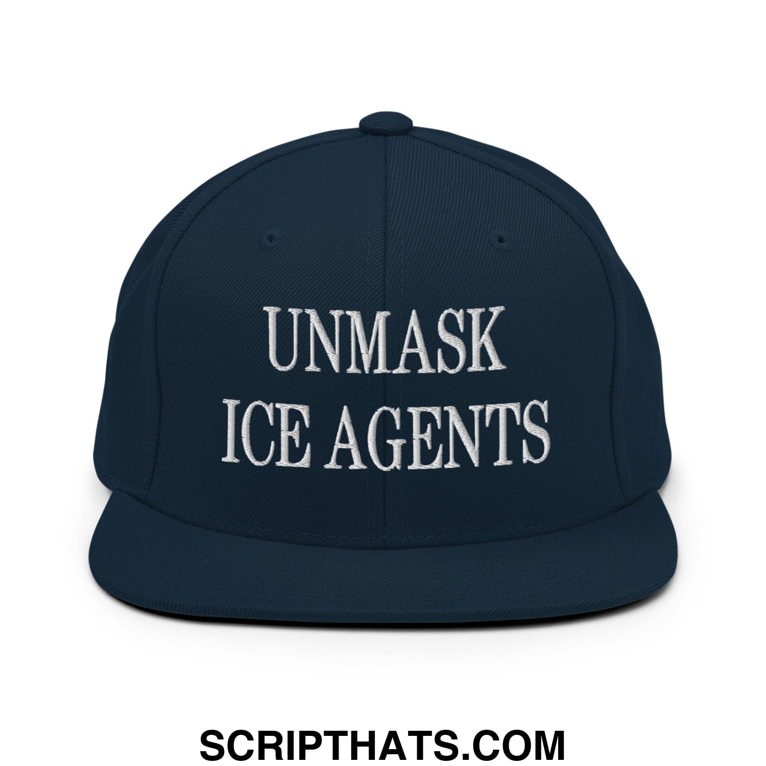 Navy blue snapback cap with white embroidered unmask ice agents text and flat bill brim design