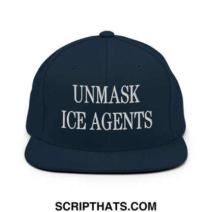 Navy blue snapback cap with white embroidered unmask ice agents text and flat bill brim design