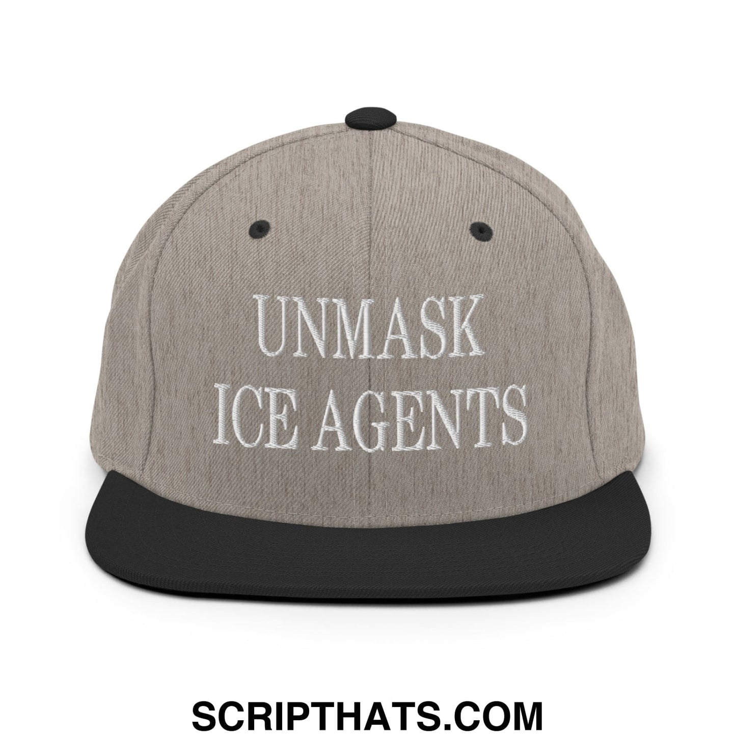 Gray snapback hat with black flat bill and embroidered white text unmask ice agents for casual wear
