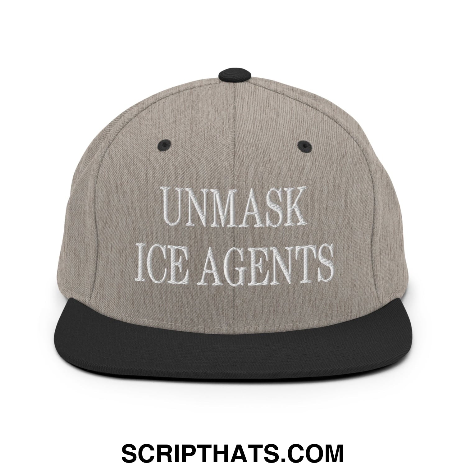 Gray snapback hat with black flat bill and embroidered white text unmask ice agents for casual wear