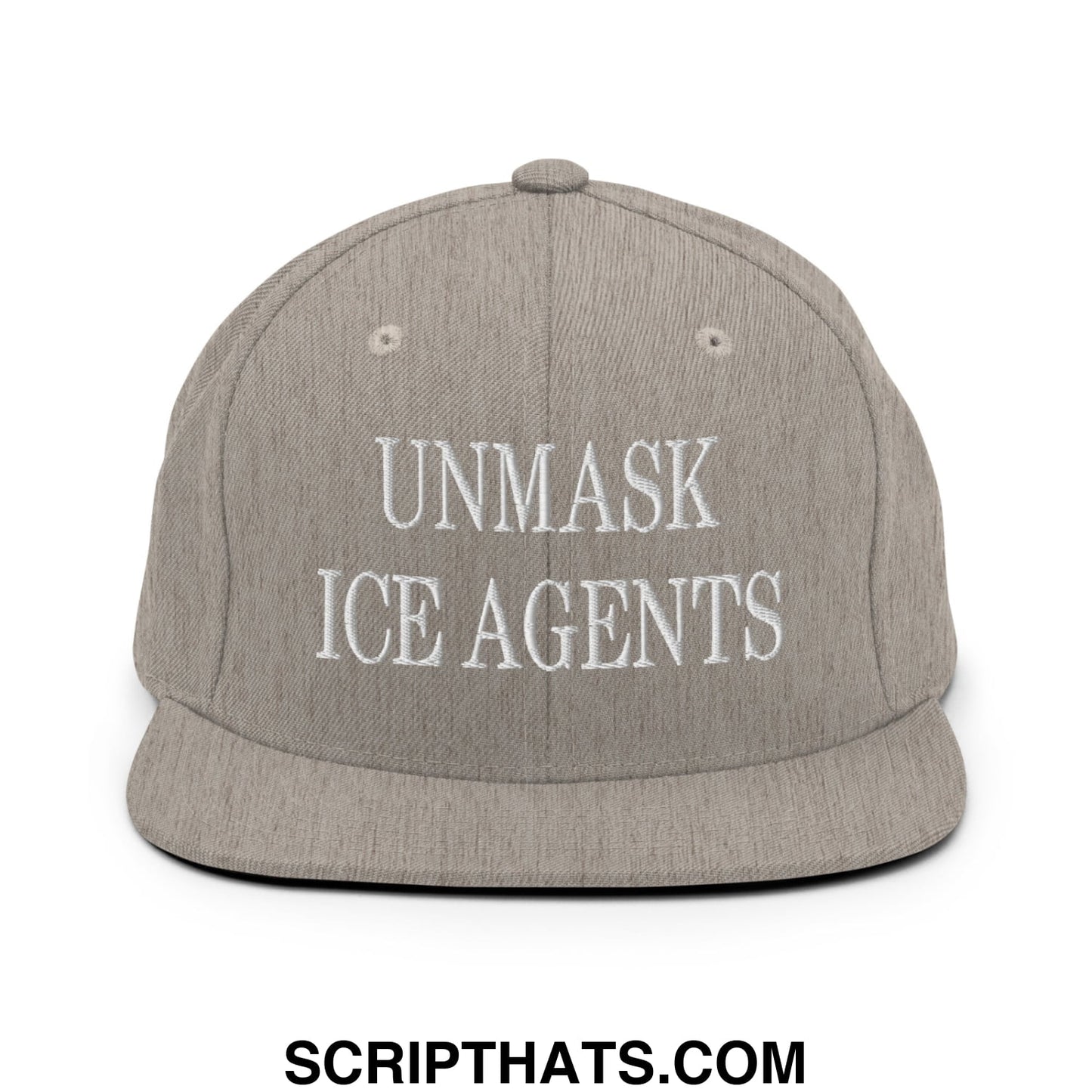 Gray embroidered flat bill brim snapback hat with white unmask ice agents text for casual wear