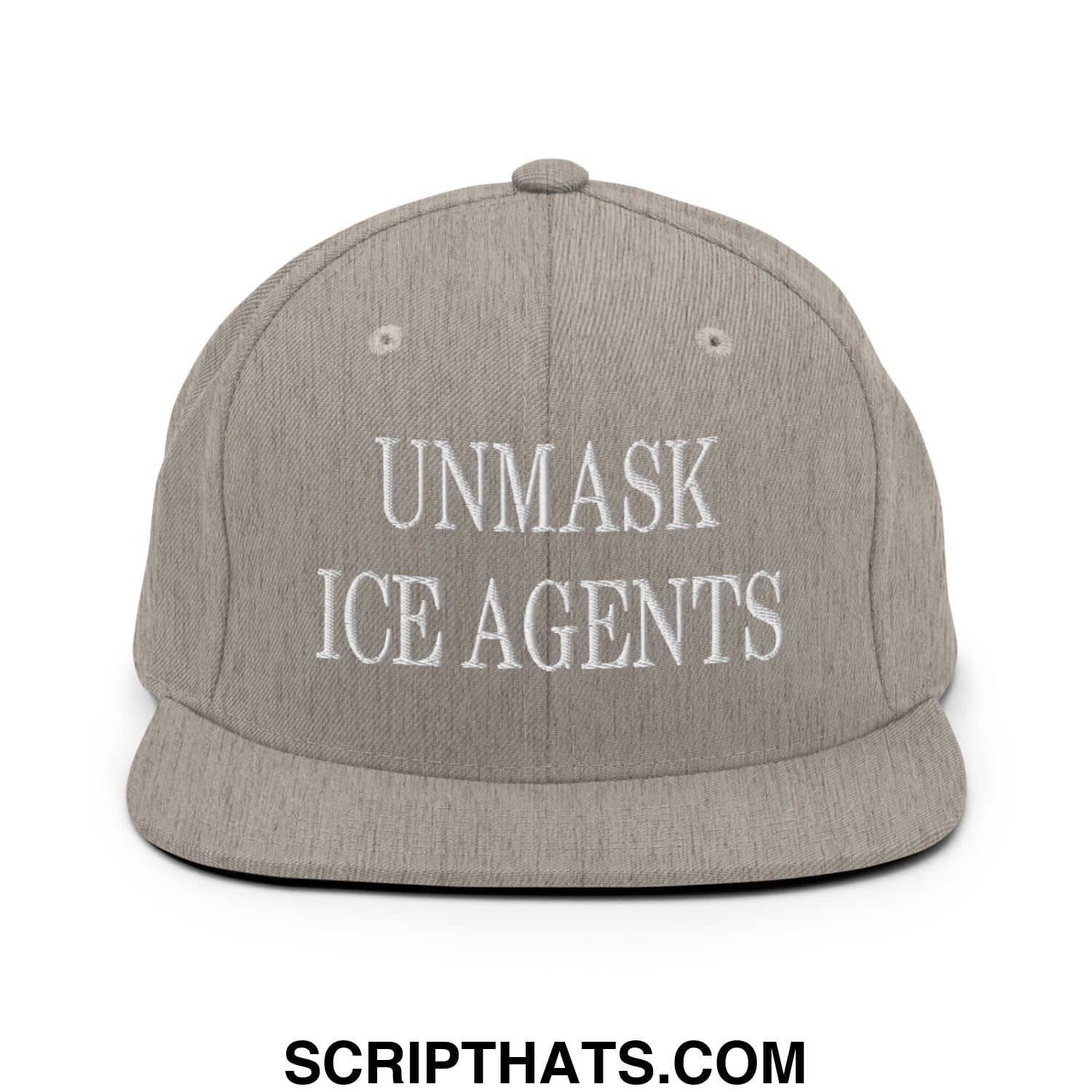 Gray embroidered flat bill brim snapback hat with white unmask ice agents text for casual wear