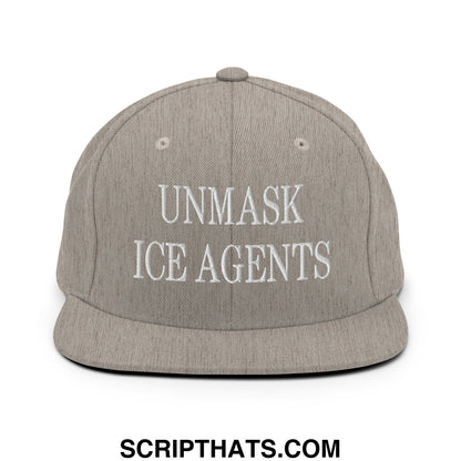 Gray embroidered flat bill brim snapback hat with white unmask ice agents text for casual wear