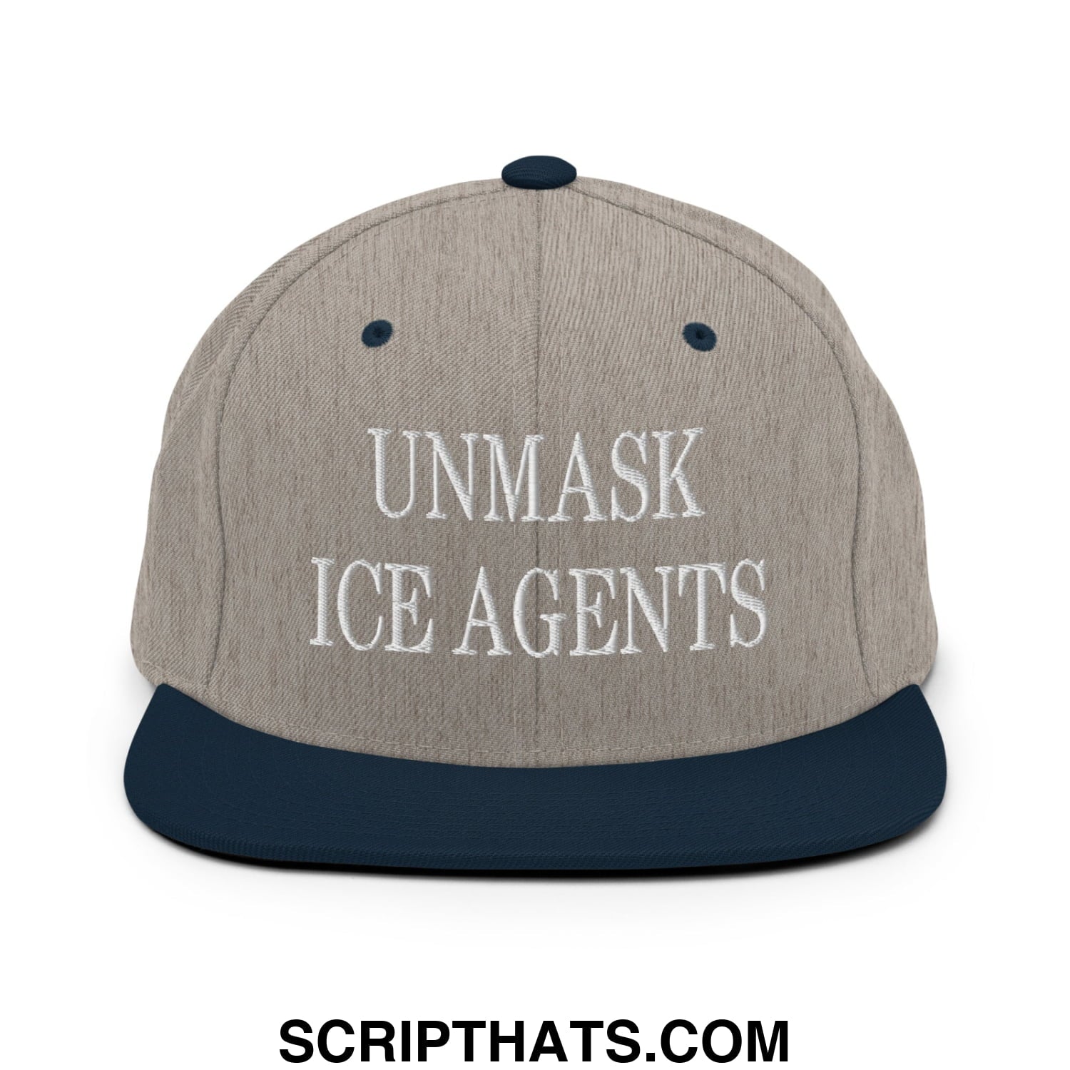 A gray and navy blue snapback hat with white embroidered unmask ice agents text on the front flat bill brim
