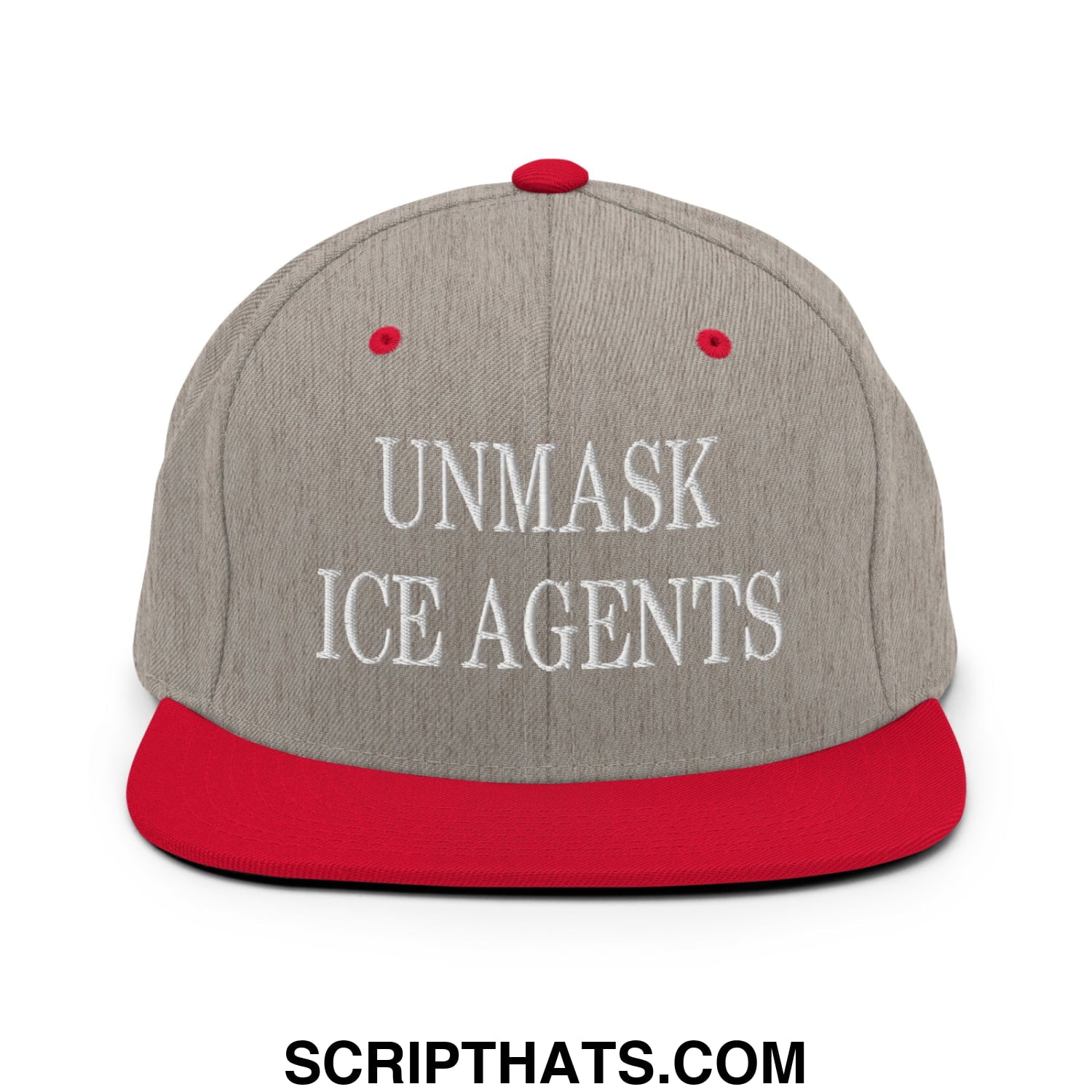 Gray and red snapback cap with flat bill brim and white embroidered unmask ice agents text on front
