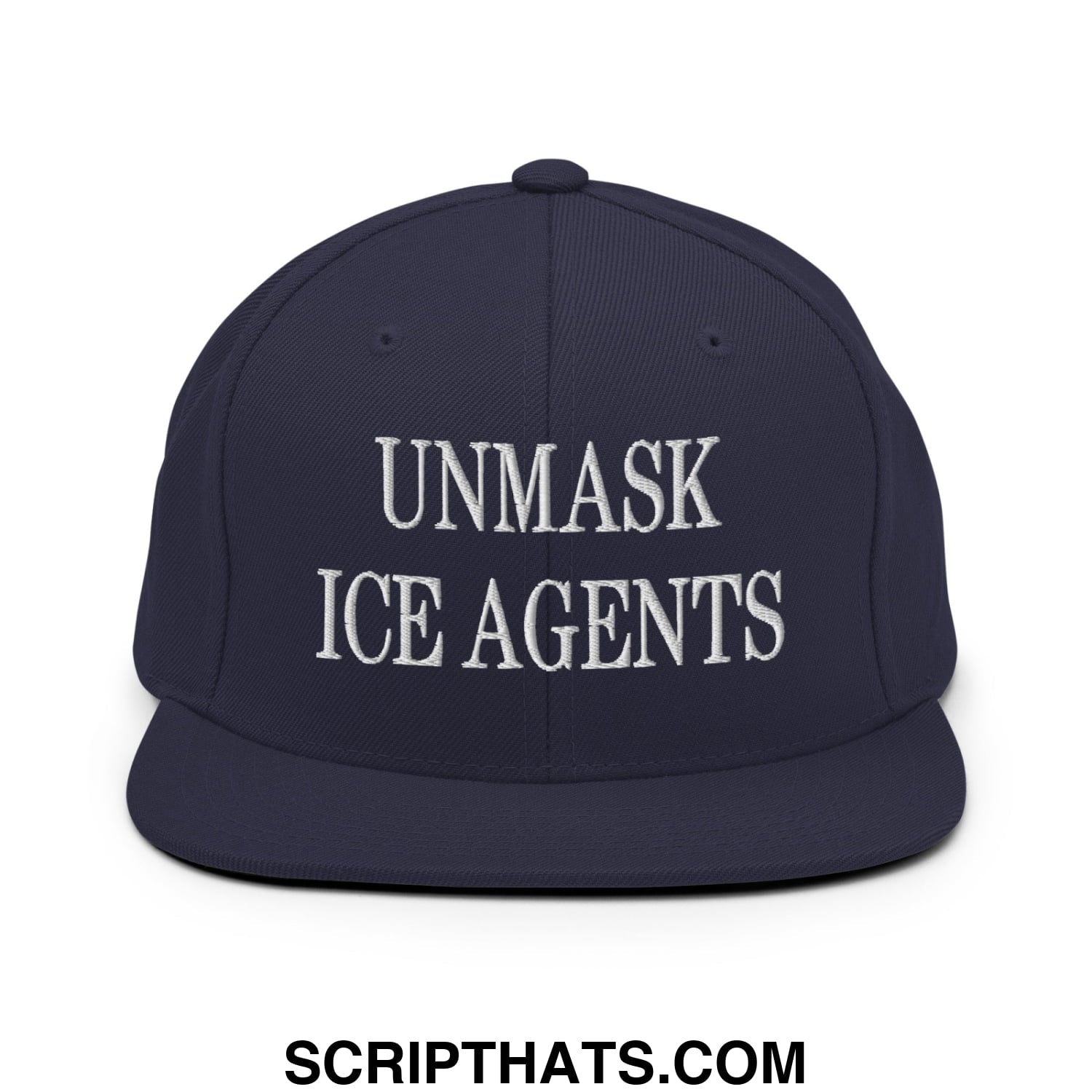 Navy blue flat bill brim snapback hat with white embroidered unmask ice agents text in embroidered style