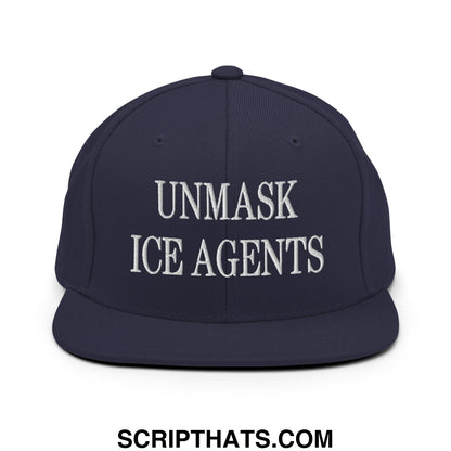 Navy blue flat bill brim snapback hat with white embroidered unmask ice agents text in embroidered style