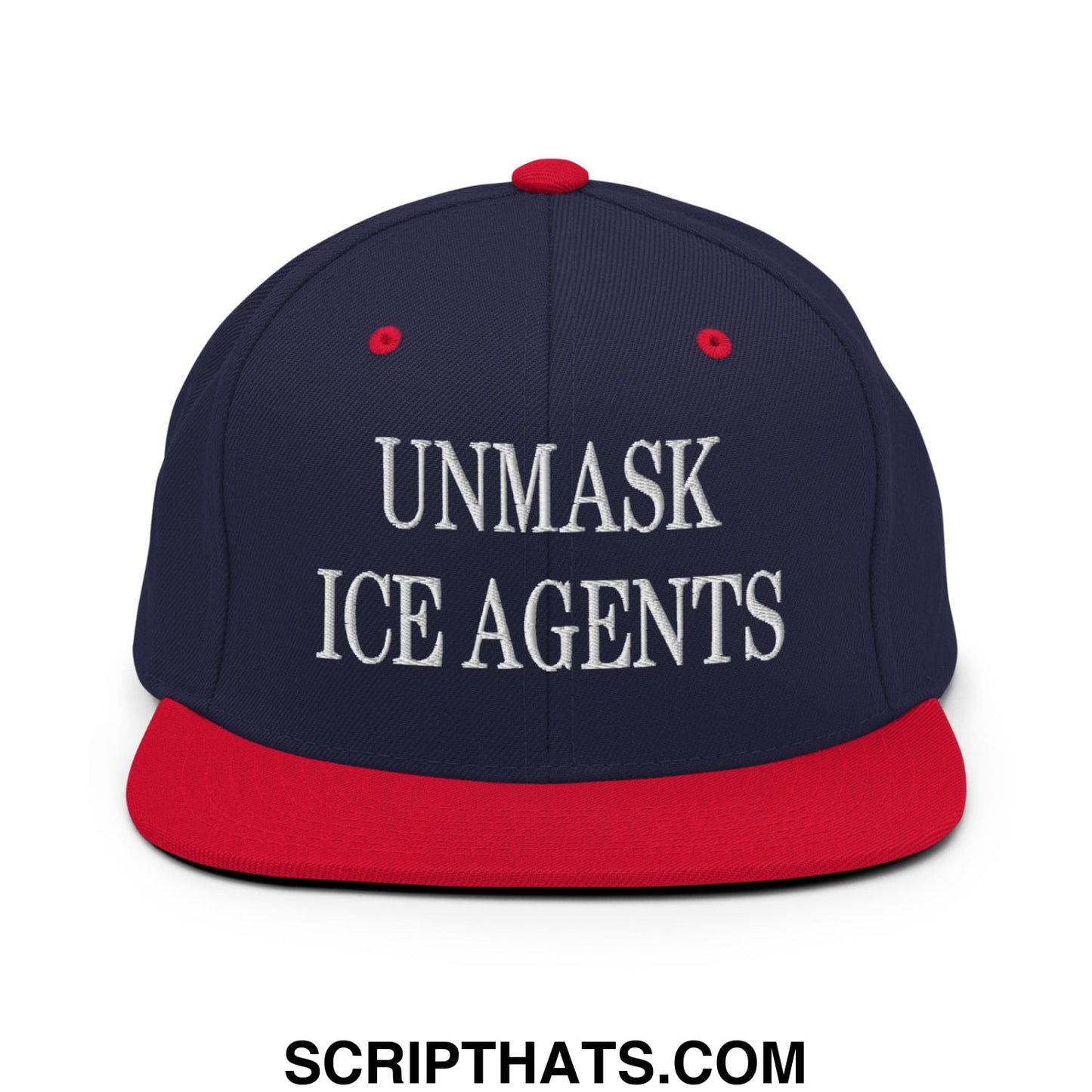 Navy blue and red snapback hat with white embroidered unmask ice agents text and flat bill brim design
