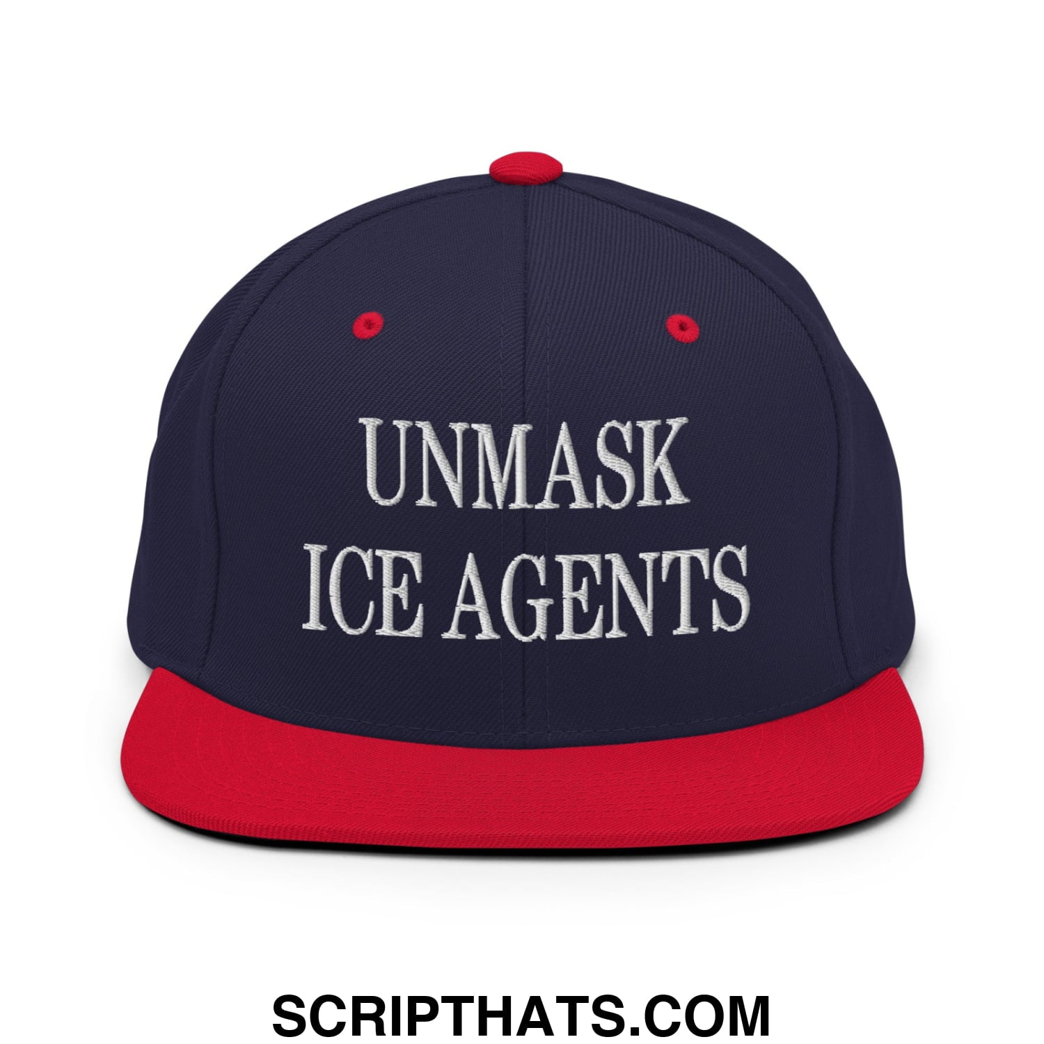 Navy blue and red snapback hat with white embroidered unmask ice agents text and flat bill brim design