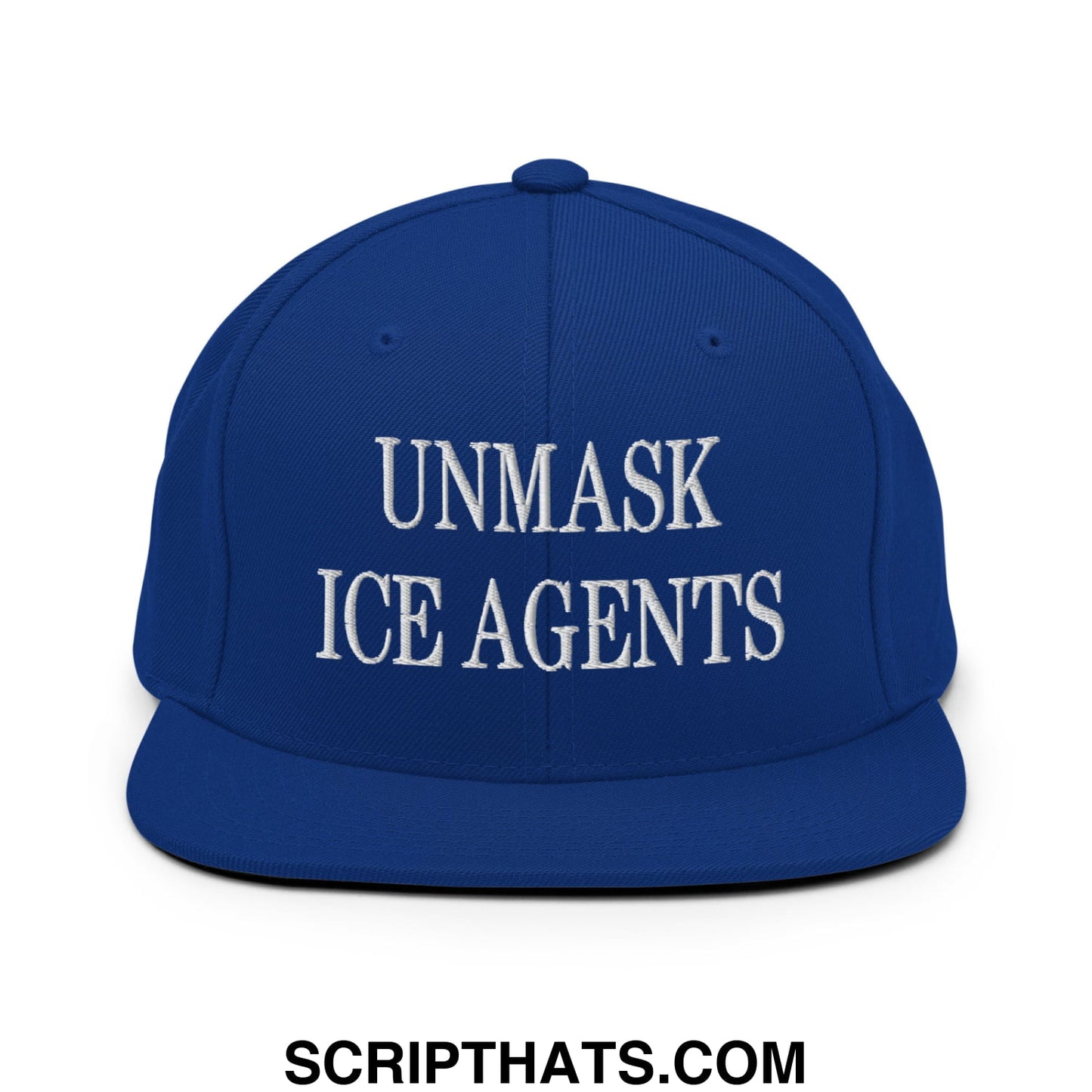 Royal blue snapback hat with white embroidered unmask ice agents text and flat bill brim design