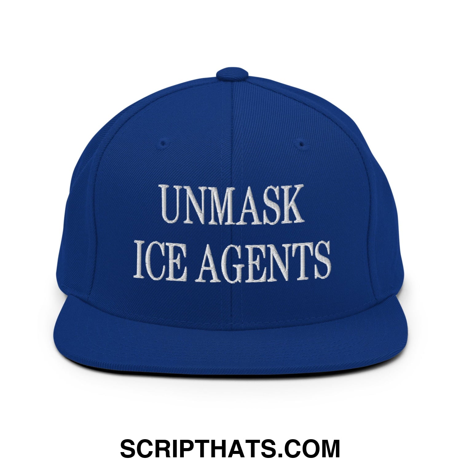 Royal blue snapback hat with white embroidered unmask ice agents text and flat bill brim design