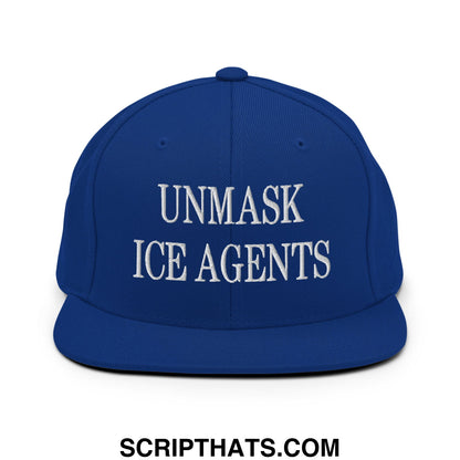 Royal blue snapback hat with white embroidered unmask ice agents text and flat bill brim design