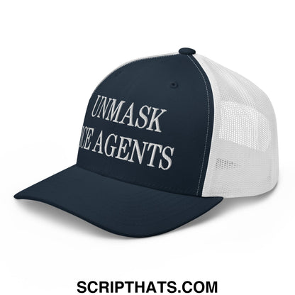 Navy blue and white mesh trucker hat with bold raised embroidered unmask ice agents text on front panel