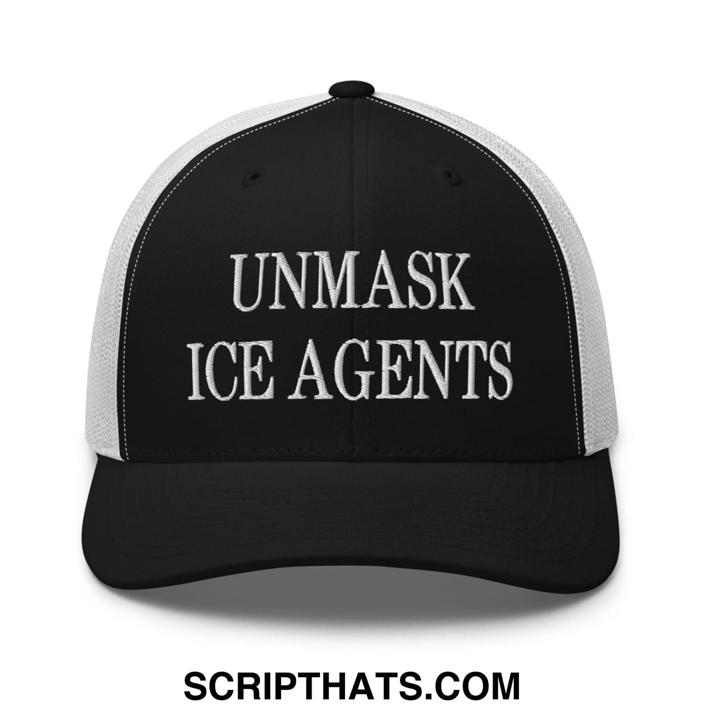 Black and white mesh trucker hat with bold unmask ice agents embroidered text in uppercase letters