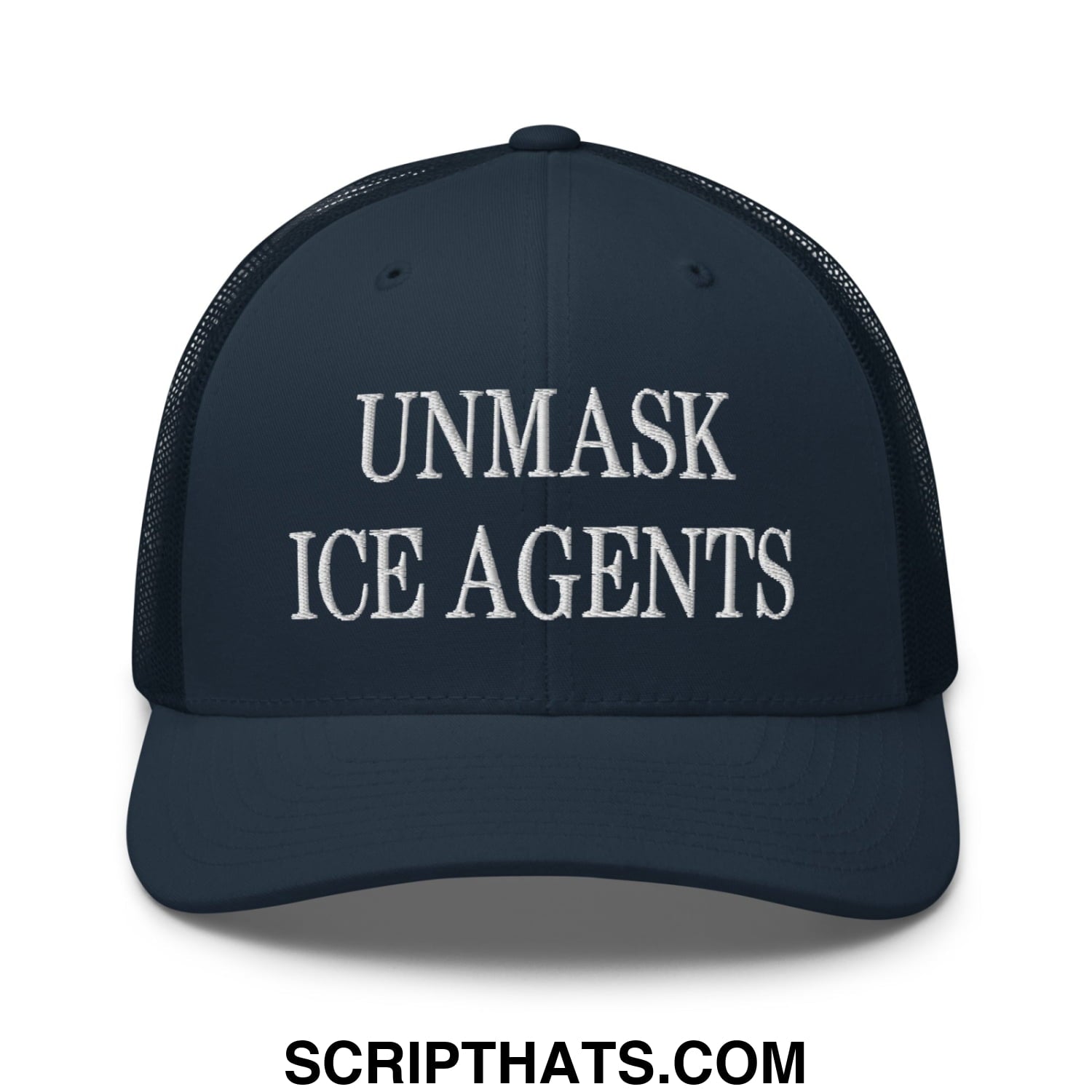 Dark navy mesh trucker hat with white embroidered unmask ice agents text on front panel