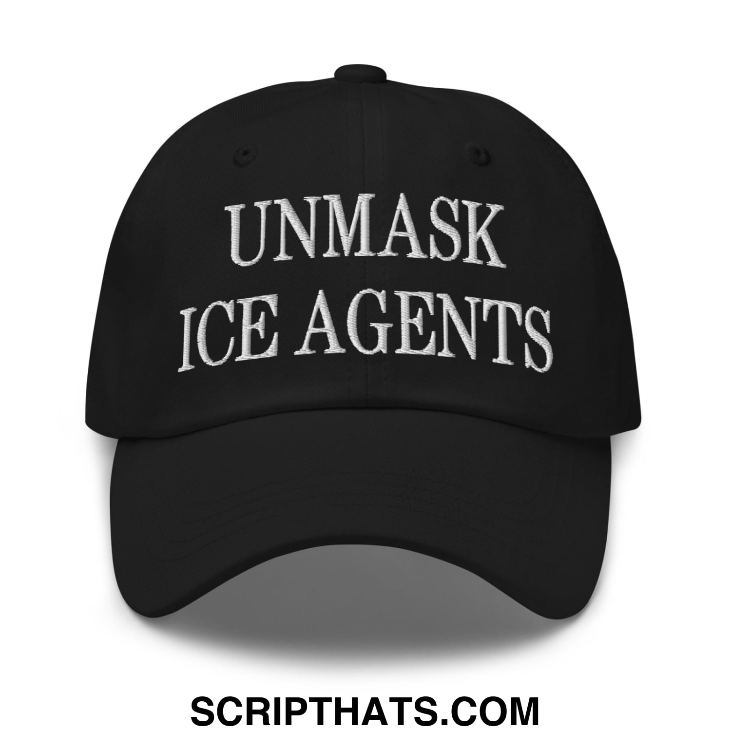 Black embroidered unstructured dad hat with unmask ice agents text perfect for casual wear and activism