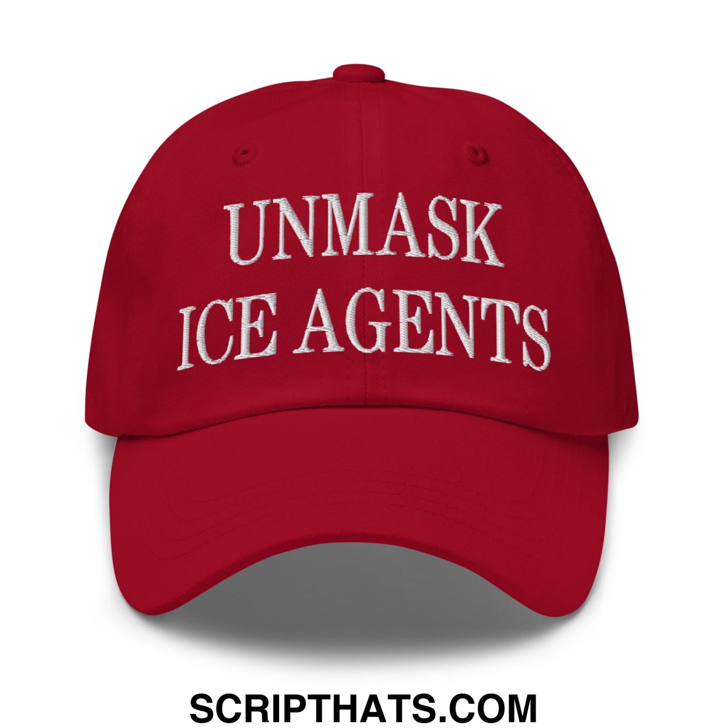 Red unstructured dad hat with white embroidered unmask ice agents text on front panel