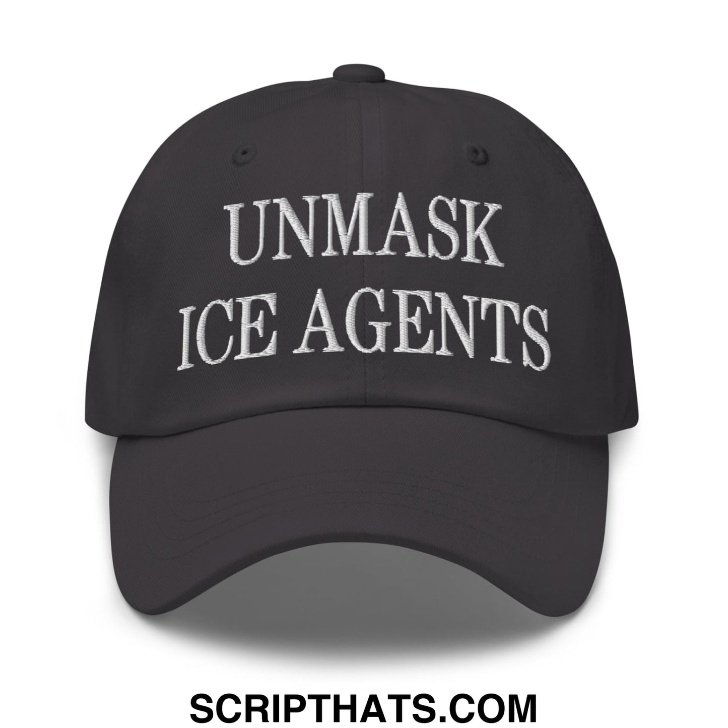 Black unstructured dad hat with white embroidered text unmask ice agents featuring a comfortable fit