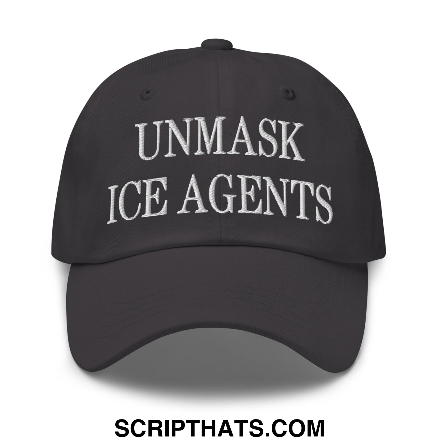 Black unstructured dad hat with white embroidered text unmask ice agents featuring a comfortable fit
