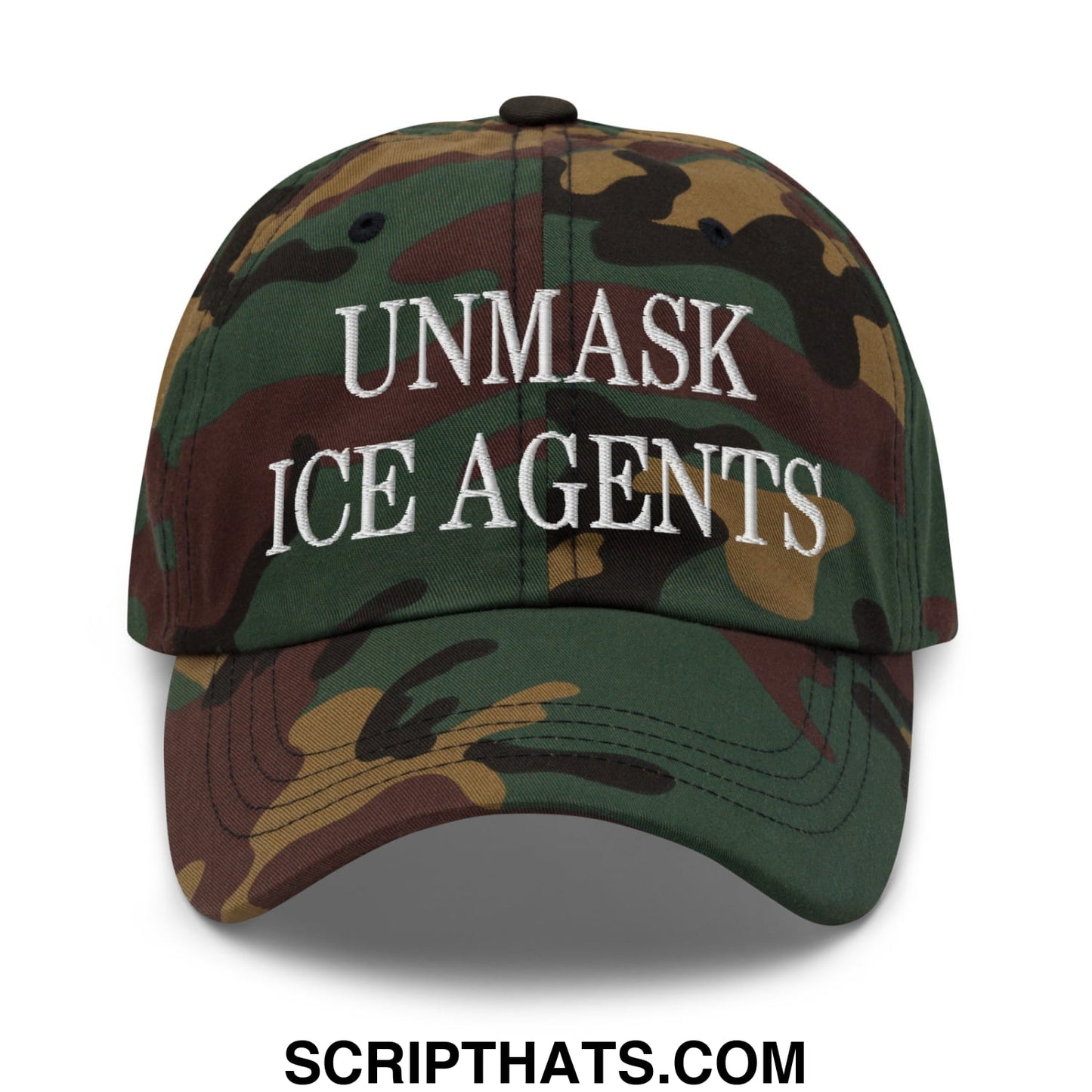 Unstructured dad hat with white embroidered unmask ice agents text on a camouflage baseball cap front panel
