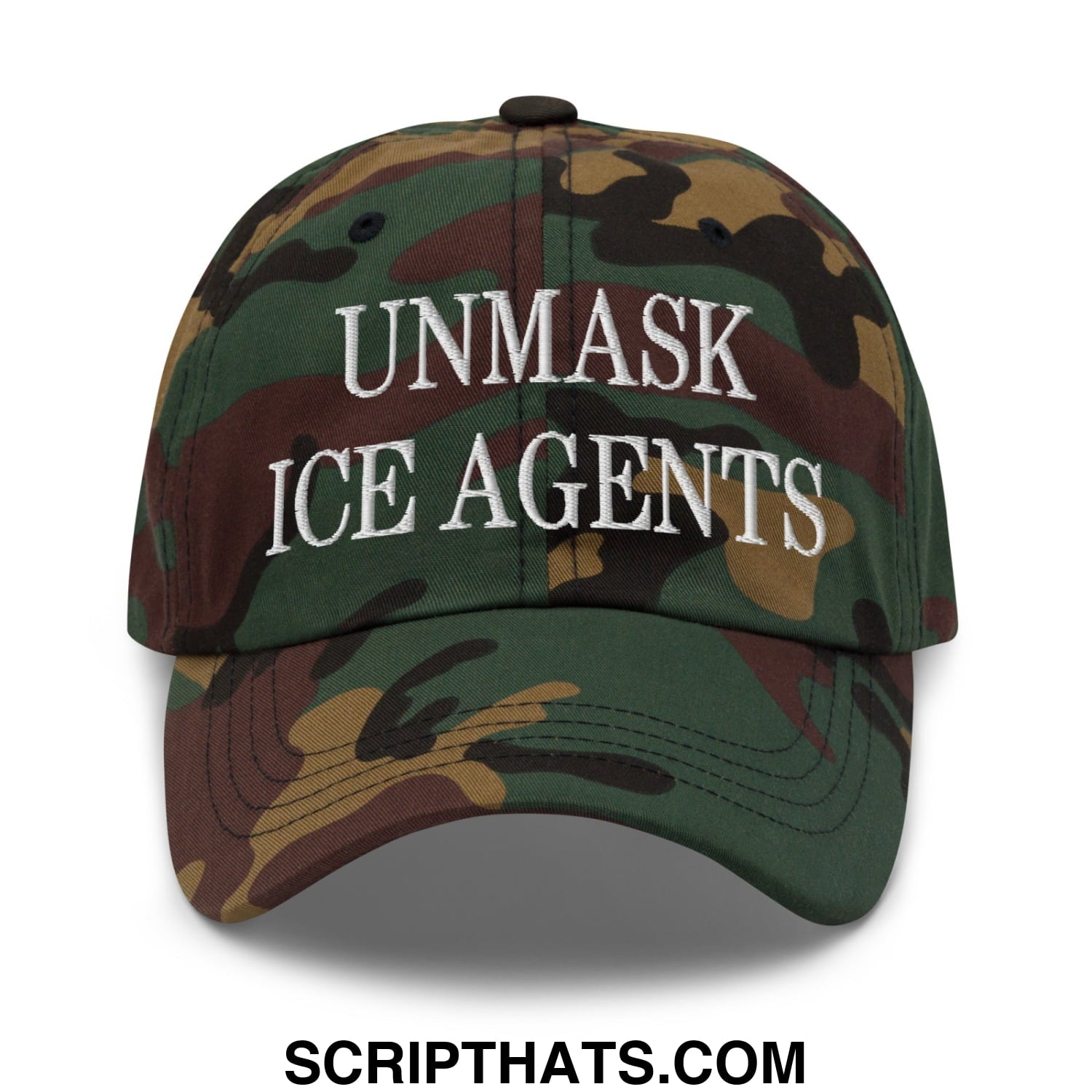 Unstructured dad hat with white embroidered unmask ice agents text on a camouflage baseball cap front panel