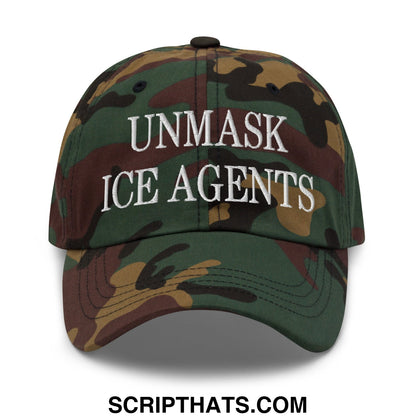 Unstructured dad hat with white embroidered unmask ice agents text on a camouflage baseball cap front panel