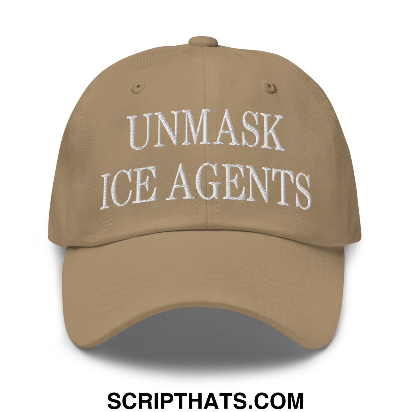 Tan unstructured dad hat with white embroidered text unmask ice agents for casual wear