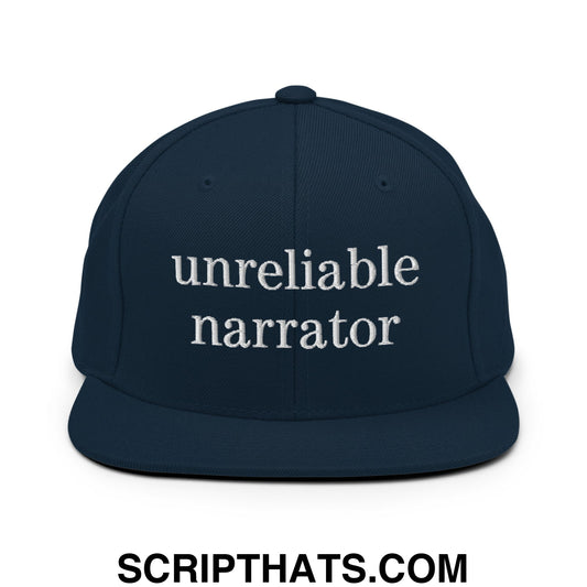 Unreliable Narrator Embroidered Flat Bill Brim Snapback Hat Dark Navy