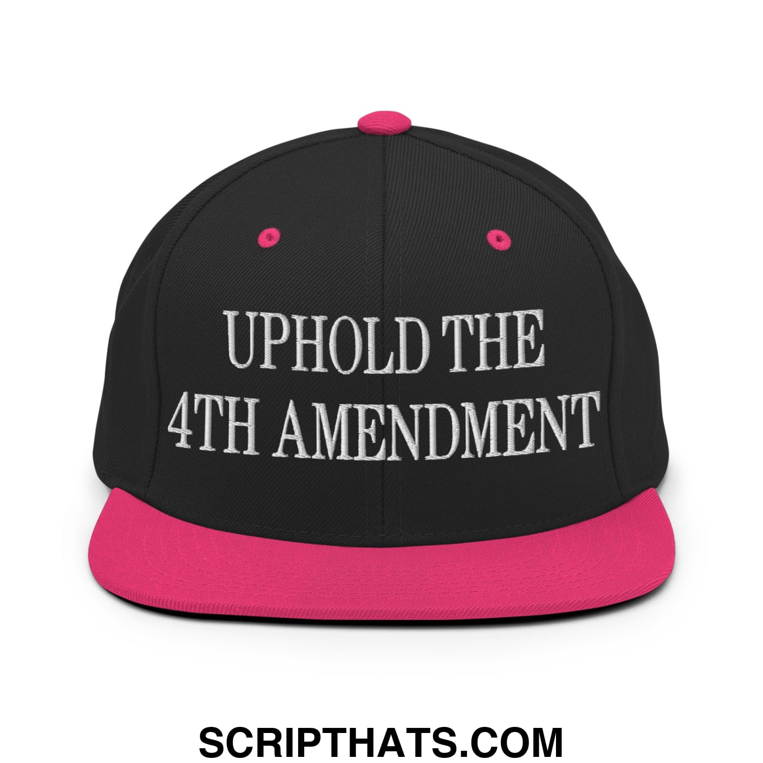Black snapback cap with vibrant pink brim and button featuring white embroidered text uphold the 4th amendment