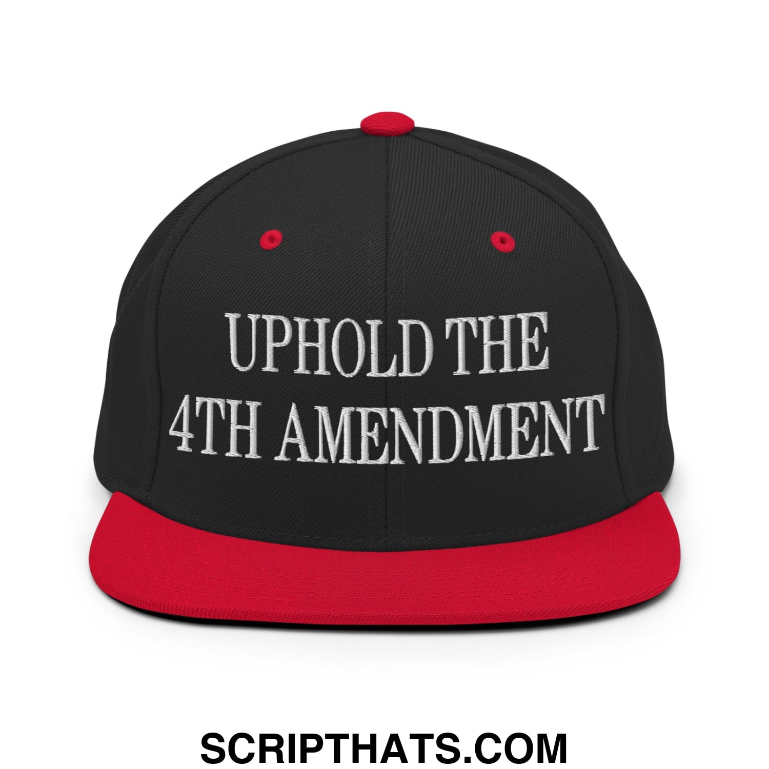 Black and red snapback hat with white embroidered uphold the 4th amendment text and flat bill brim