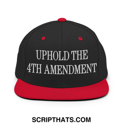 Black and red snapback hat with white embroidered uphold the 4th amendment text and flat bill brim