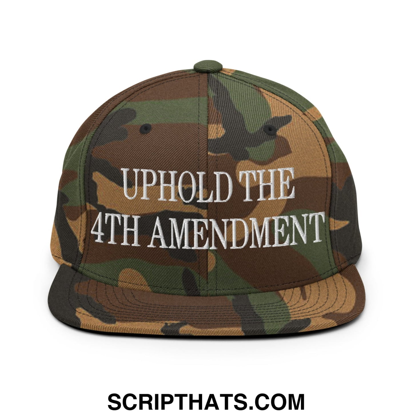 Camouflage snapback cap with white embroidered uphold the 4th amendment text and flat bill brim design