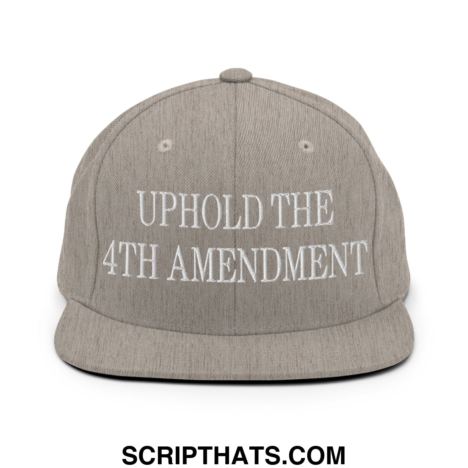Gray snapback cap with white embroidered uphold the 4th amendment text and flat bill brim for casual wear