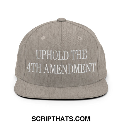 Gray snapback cap with white embroidered uphold the 4th amendment text and flat bill brim for casual wear