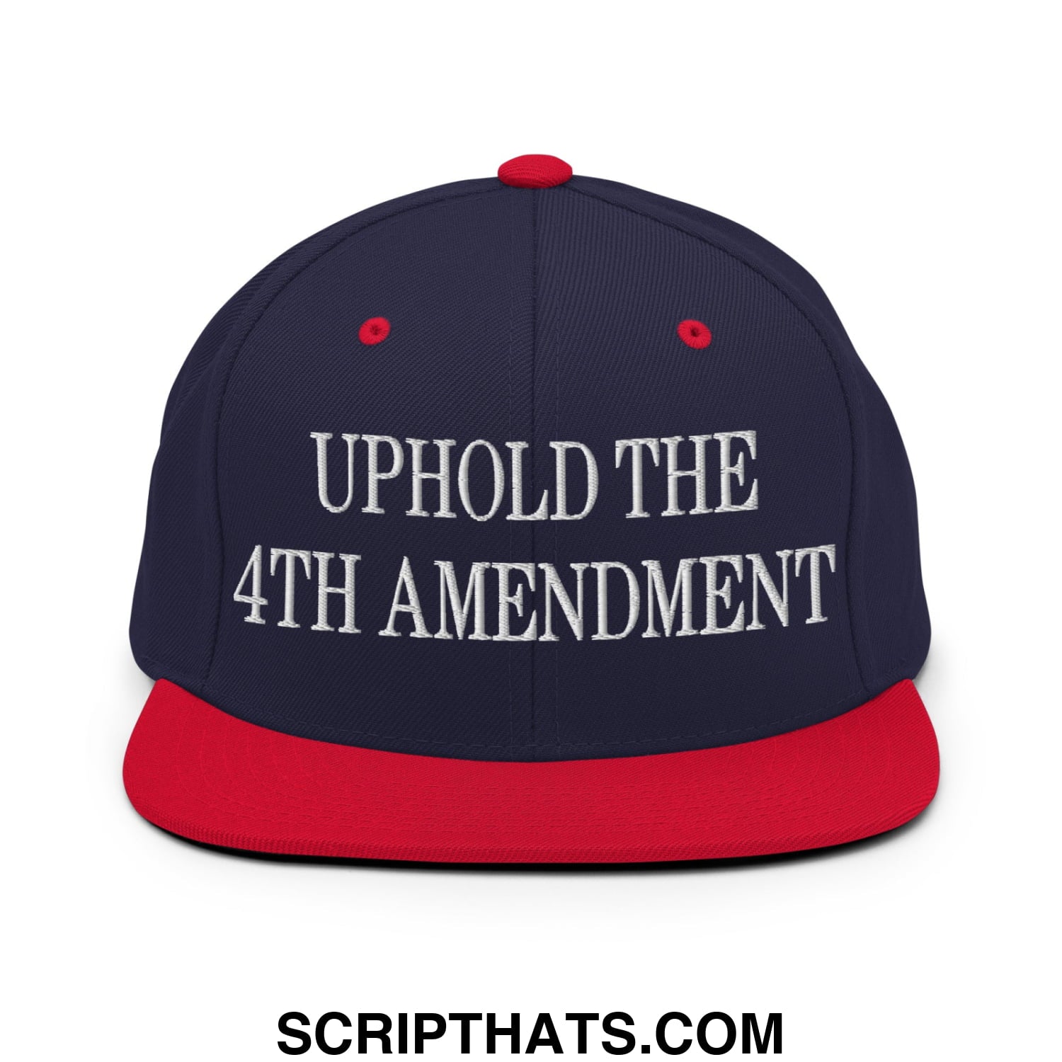 Navy blue snapback hat with red flat bill and white uphold the 4th amendment embroidered text