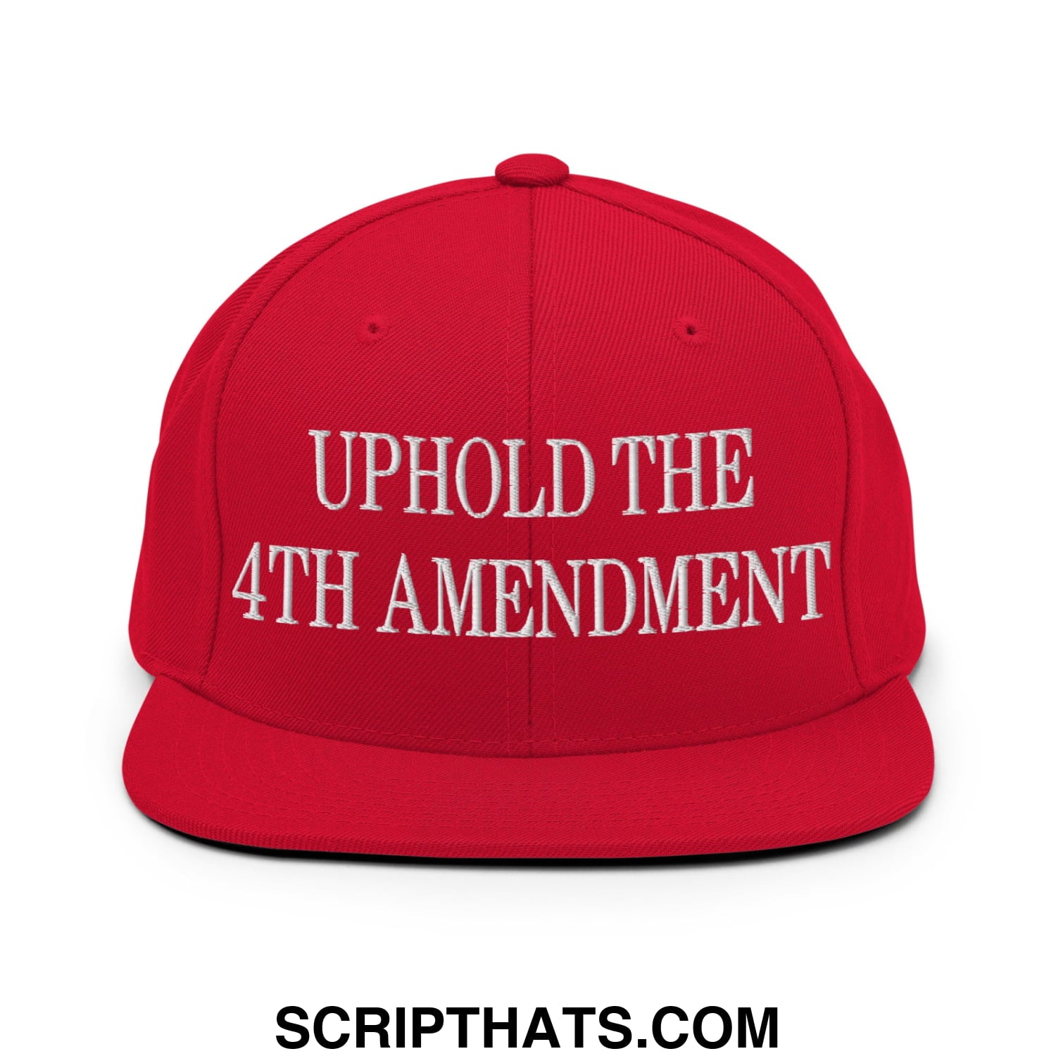 Red snapback cap with white embroidered uphold the 4th amendment text and a flat bill brim for casual wear
