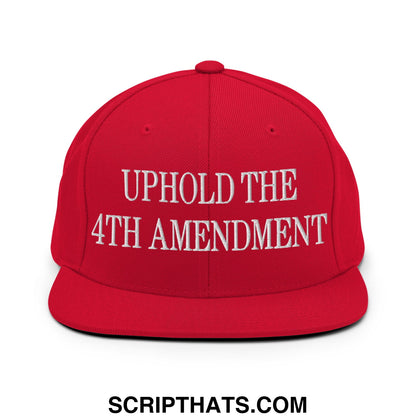 Red snapback cap with white embroidered uphold the 4th amendment text and a flat bill brim for casual wear