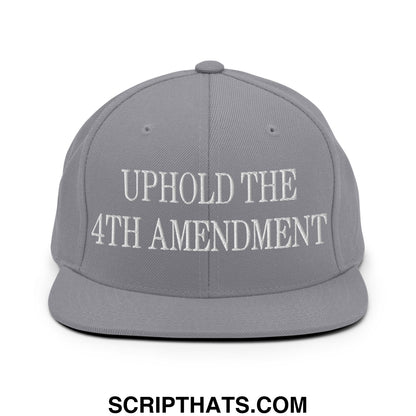 Gray snapback hat with white embroidered uphold the 4th amendment text and flat bill brim for casual wear