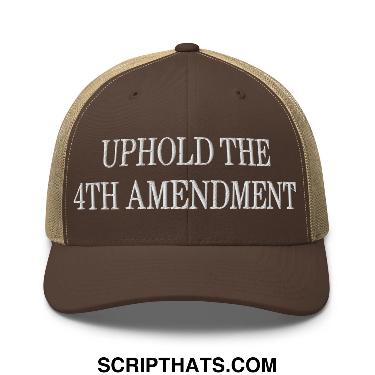 Brown and tan mesh trucker hat with white embroidered uphold the 4th amendment text and breathable design