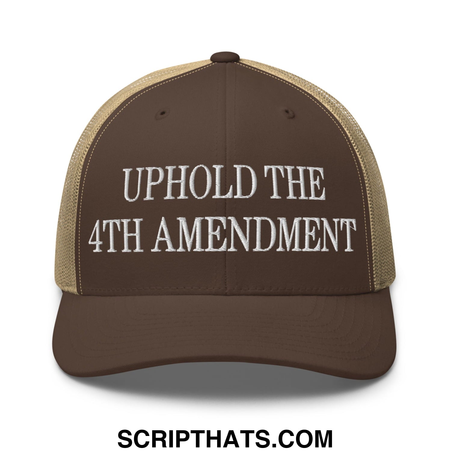 Brown and tan mesh trucker hat with white embroidered uphold the 4th amendment text and breathable design