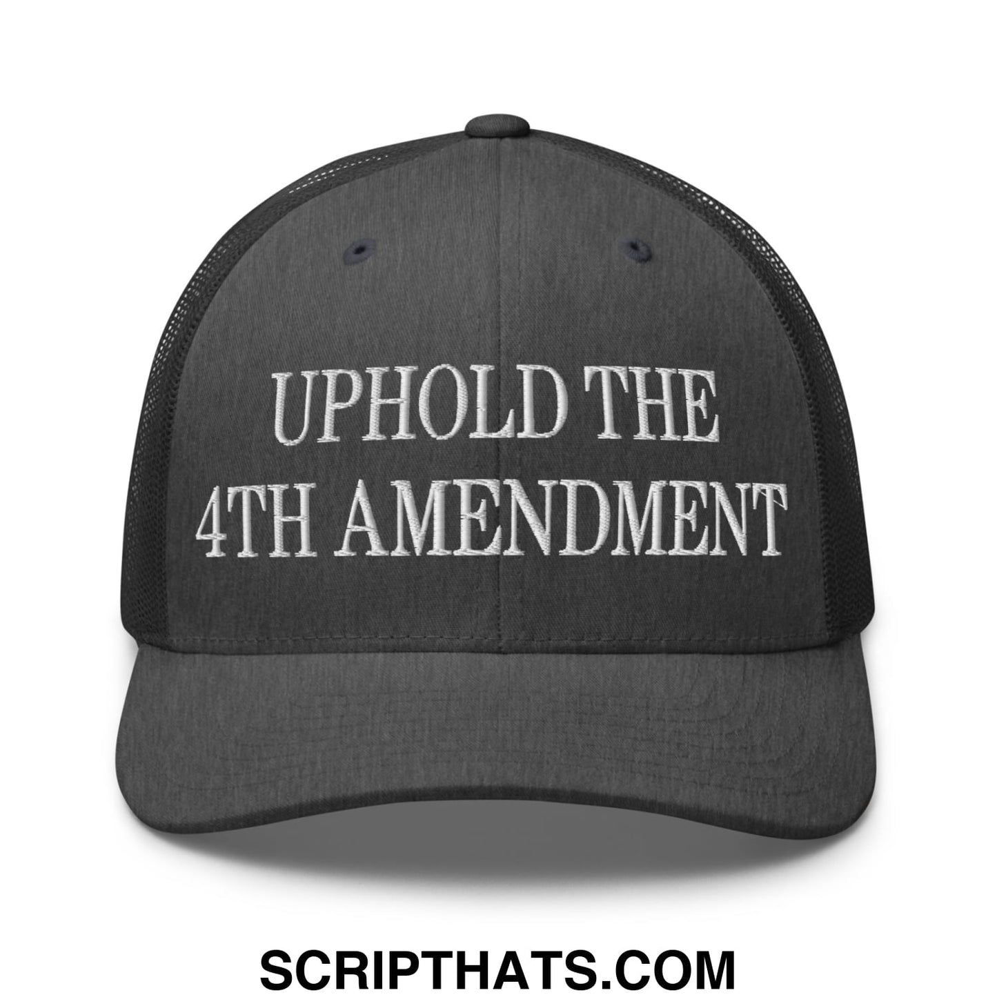 Black mesh trucker hat with white embroidered uphold the 4th amendment text across the front panel