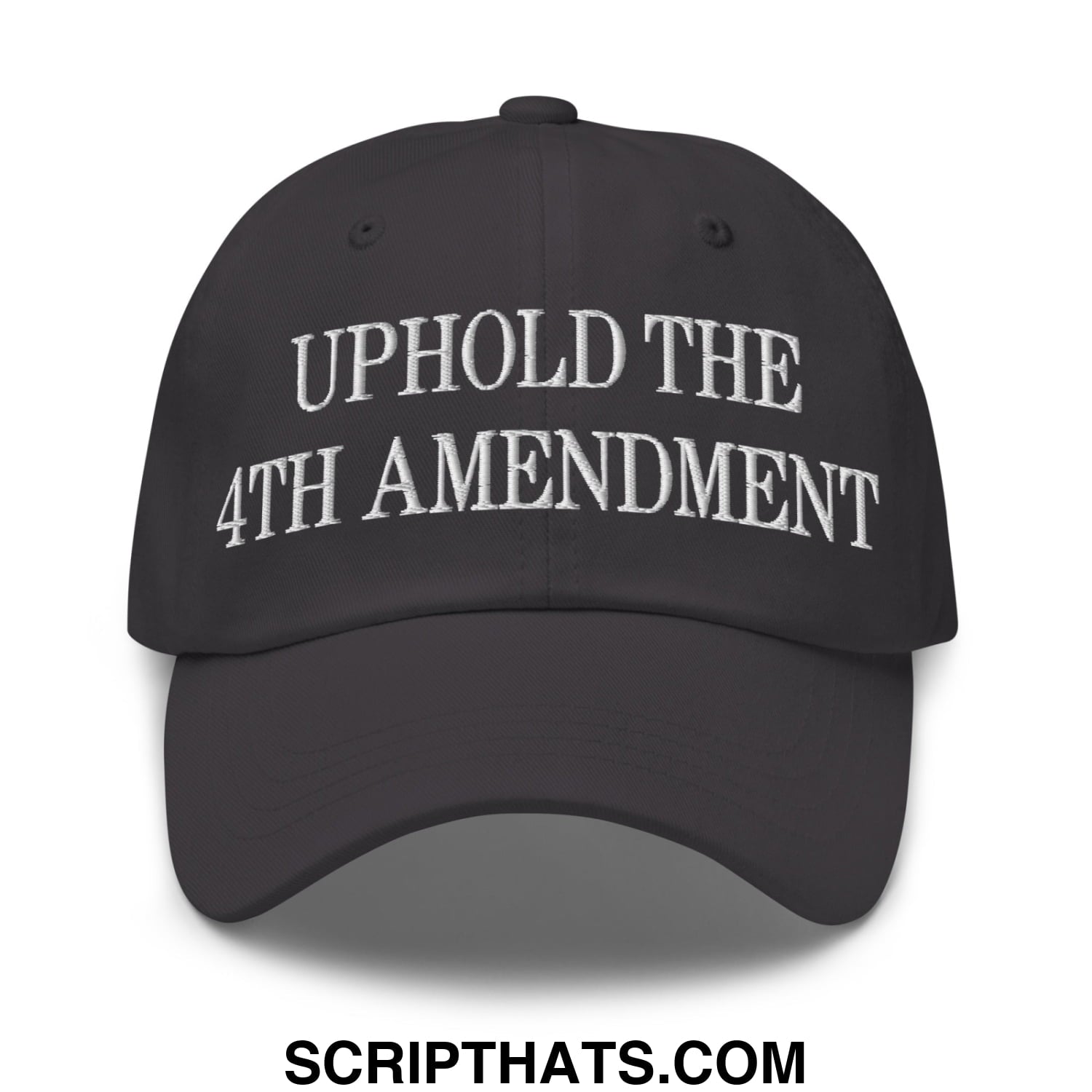 Black unstructured dad hat with white embroidered uphold the 4th amendment text on front