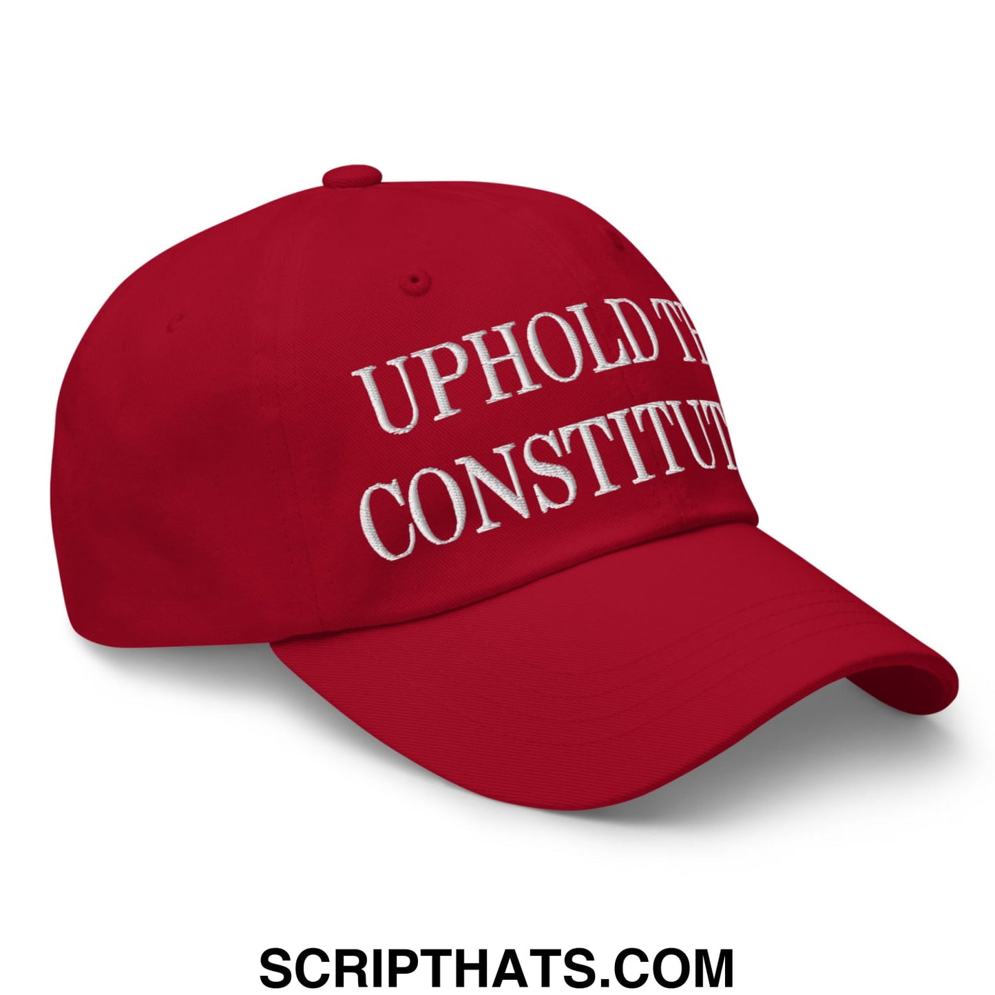 Red unstructured dad hat with white embroidered text uphold the constitution, perfect for casual wear