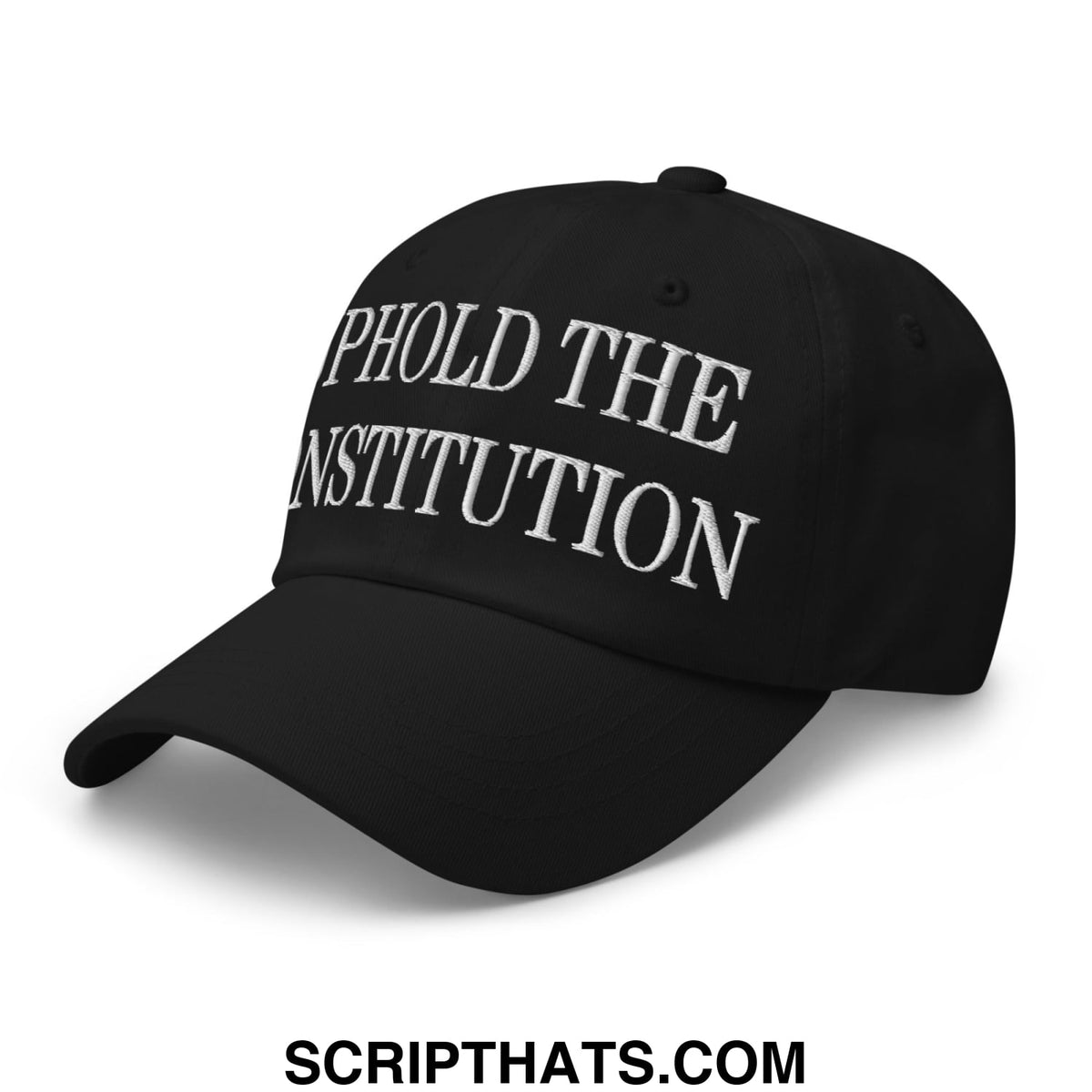 Black unstructured dad hat with white embroidered text reading uphold the constitution for casual wear