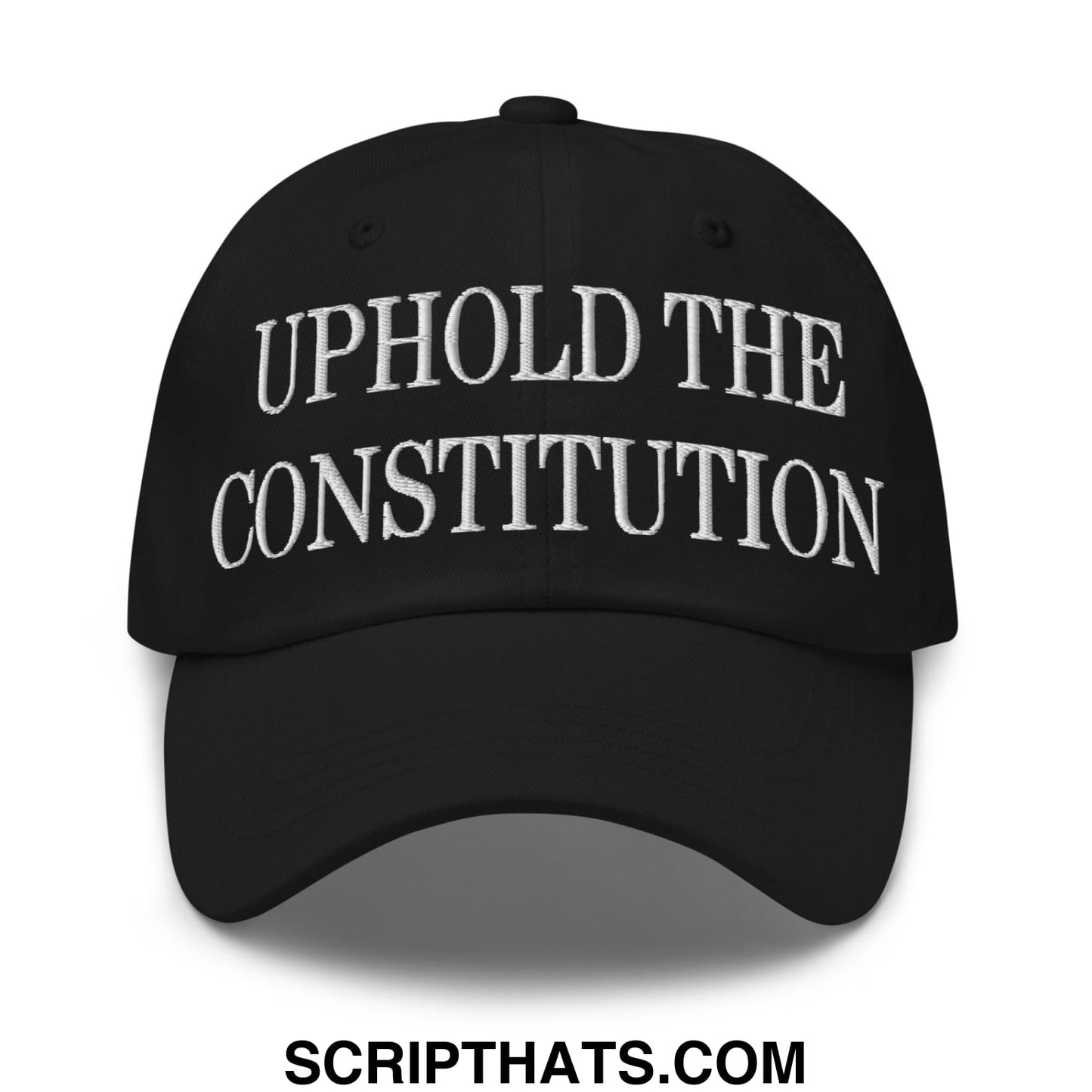 Black unstructured dad hat with white embroidered text uphold the constitution for casual wear